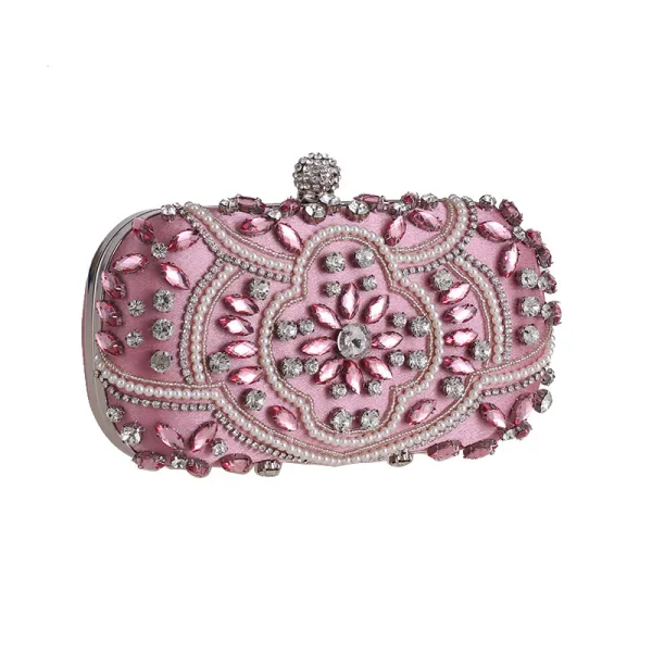 Lovely Candy Pink Square Clutch Bags 2020 Metal Pearl Rhinestone