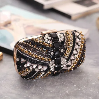 Fashion Black Beading Rhinestone Square Clutch Bags 2020