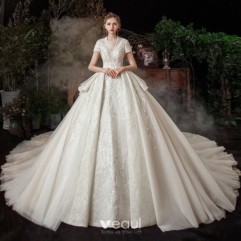 Short Sleeve Bridal Gown A Line Size V Neck Beading Sash Lace Wedding Dress  - China Wedding Dresses and Bridal Wedding Dress price