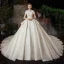 Vintage / Retro Ivory Bridal Wedding Dresses 2020 Ball Gown V-Neck Short Sleeve Backless Sequins Beading Glitter Tulle Cathedral Train Ruffle