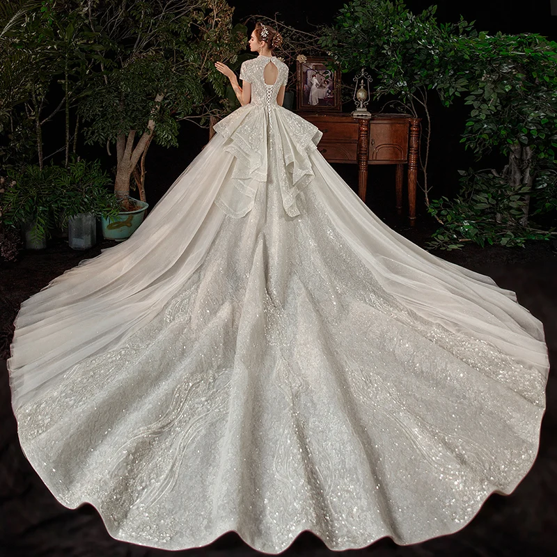 Vintage / Retro Ivory Bridal Wedding Dresses 2020 Ball Gown V-Neck Short Sleeve Backless Sequins Beading Glitter Tulle Cathedral Train Ruffle