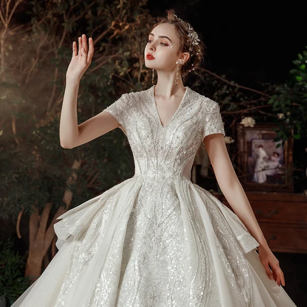 Vintage / Retro Ivory Bridal Wedding Dresses 2020 Ball Gown V-Neck Short Sleeve Backless Sequins Beading Glitter Tulle Cathedral Train Ruffle