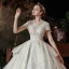 Vintage / Retro Ivory Bridal Wedding Dresses 2020 Ball Gown V-Neck Short Sleeve Backless Sequins Beading Glitter Tulle Cathedral Train Ruffle