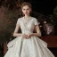 Vintage / Retro Ivory Bridal Wedding Dresses 2020 Ball Gown V-Neck Short Sleeve Backless Sequins Beading Glitter Tulle Cathedral Train Ruffle