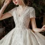 Vintage / Retro Ivory Bridal Wedding Dresses 2020 Ball Gown V-Neck Short Sleeve Backless Sequins Beading Glitter Tulle Cathedral Train Ruffle