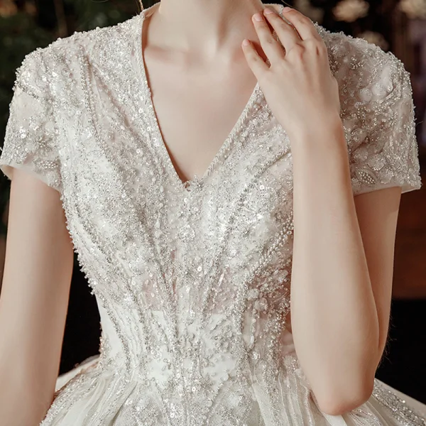 Vintage / Retro Ivory Bridal Wedding Dresses 2020 Ball Gown V-Neck Short Sleeve Backless Sequins Beading Glitter Tulle Cathedral Train Ruffle