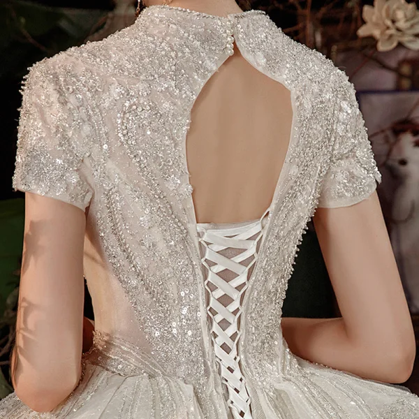 Vintage / Retro Ivory Bridal Wedding Dresses 2020 Ball Gown V-Neck Short Sleeve Backless Sequins Beading Glitter Tulle Cathedral Train Ruffle
