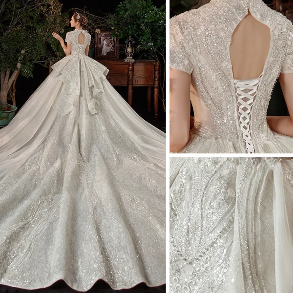 Vintage / Retro Ivory Bridal Wedding Dresses 2020 Ball Gown V-Neck Short Sleeve Backless Sequins Beading Glitter Tulle Cathedral Train Ruffle