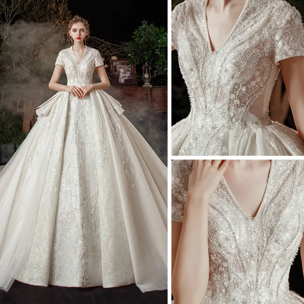 Vintage / Retro Ivory Bridal Wedding Dresses 2020 Ball Gown V-Neck Short Sleeve Backless Sequins Beading Glitter Tulle Cathedral Train Ruffle