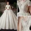 Vintage / Retro Ivory Bridal Wedding Dresses 2020 Ball Gown V-Neck Short Sleeve Backless Sequins Beading Glitter Tulle Cathedral Train Ruffle