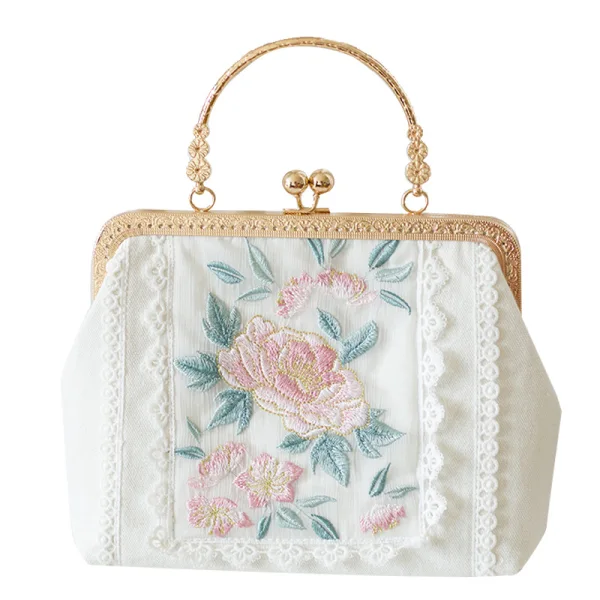 Style Chinois Blanche Carrés Pochette 2020 Métal Appliques En Dentelle Brodé Fleur