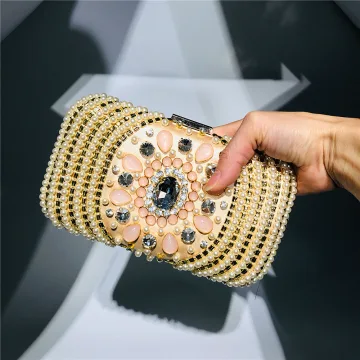 Sjarmerende Gull Firkantede Håndvesken 2020 Beading Perle Rhinestone
