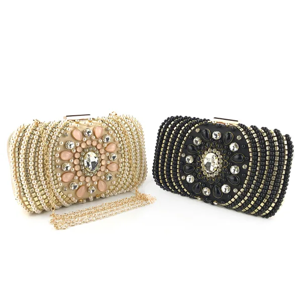 Charming Gold Square Clutch Bags 2020 Beading Pearl Rhinestone