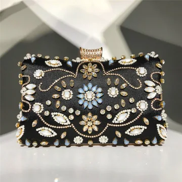 Moda Czarne Kwadratowe Kopertówki 2020 Metal Frezowanie Perła Rhinestone