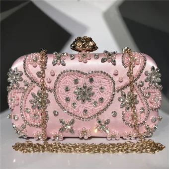Fashion Candy Pink Square Clutch Bags 2020 Beading Pearl Rhinestone