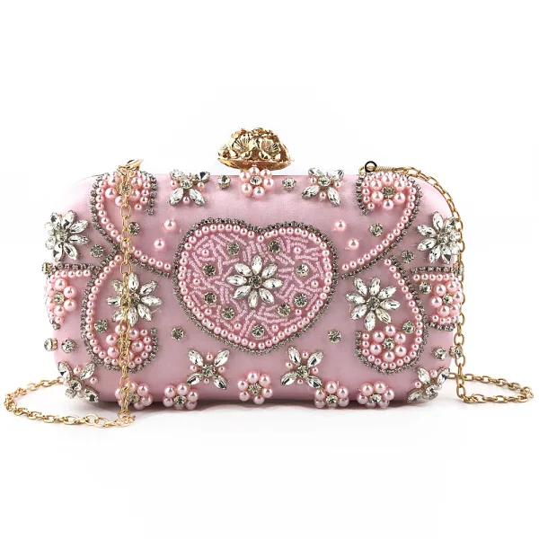 Fashion Candy Pink Square Clutch Bags 2020 Beading Pearl Rhinestone