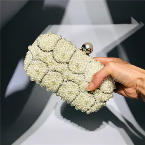 Elegant Champagne Perle Firkantede Håndvesken 2020 Metall Rhinestone