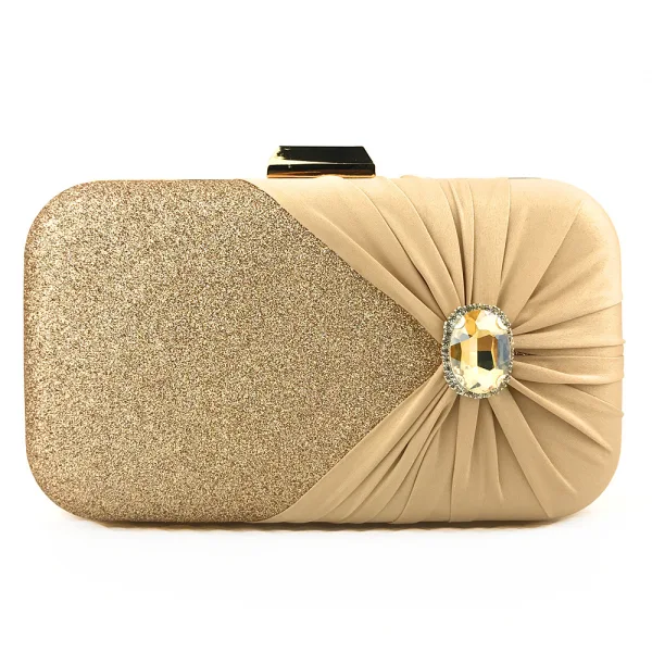 Elegant Gold Square Clutch Bags 2020 Metal Glitter Polyester Silk Rhinestone