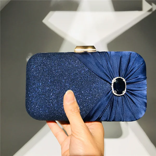 Elegant Gold Square Clutch Bags 2020 Metal Glitter Polyester Silk Rhinestone