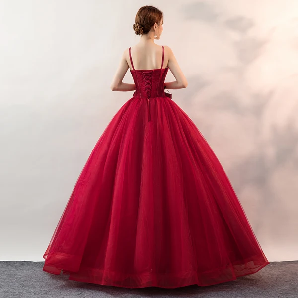 Affordable Burgundy Prom Dresses 2020 Ball Gown Spaghetti Straps Sleeveless Appliques Lace Floor-Length / Long Ruffle Backless Formal Dresses