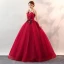Affordable Burgundy Prom Dresses 2020 Ball Gown Spaghetti Straps Sleeveless Appliques Lace Floor-Length / Long Ruffle Backless Formal Dresses