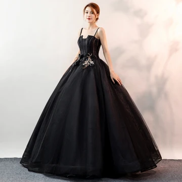 Affordable Black Prom Dresses 2020 Ball Gown Spaghetti Straps Sleeveless Appliques Lace Floor Length Long Ruffle Backless Formal Dresses