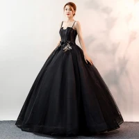 Affordable Black Prom Dresses 2020 Ball Gown Spaghetti Straps Sleeveless Appliques Lace Floor-Length / Long Ruffle Backless Formal Dresses