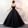 Affordable Black Prom Dresses 2020 Ball Gown Spaghetti Straps Sleeveless Appliques Lace Floor-Length / Long Ruffle Backless Formal Dresses