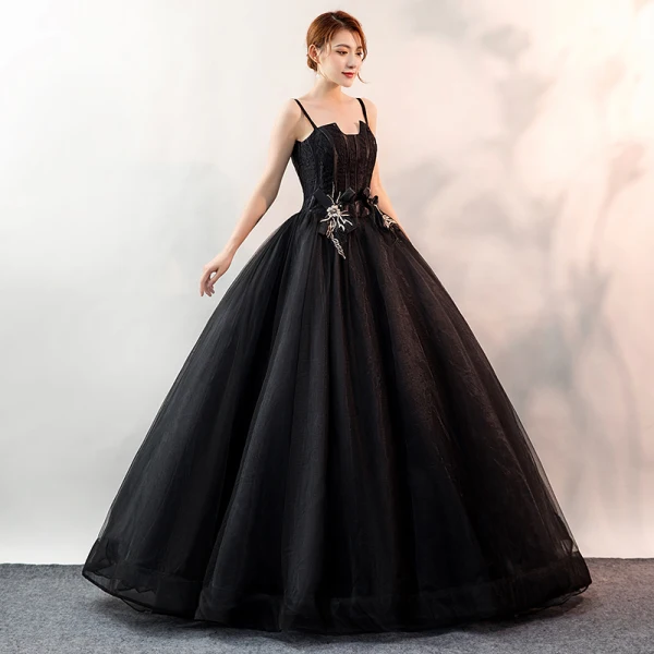 Affordable Black Prom Dresses 2020 Ball Gown Spaghetti Straps Sleeveless Appliques Lace Floor-Length / Long Ruffle Backless Formal Dresses
