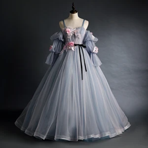 Flower Fairy Grey Prom Dresses 2020 Spaghetti Straps Puffy 3 4 Sleeve Appliques Lace Flower Beading Floor Length Long Ruffle Backless Formal Dresses