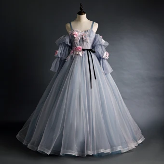 Flower Fairy Grey Prom Dresses 2020 Spaghetti Straps Puffy 3 4 Sleeve Appliques Lace Flower Beading Floor Length Long Ruffle Backless Formal Dresses