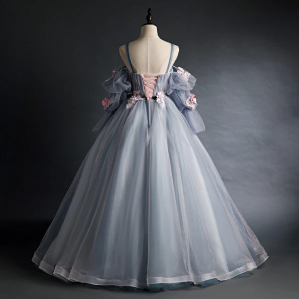 Flower Fairy Grey Prom Dresses 2020 Spaghetti Straps Puffy 3/4 Sleeve Appliques Lace Flower Beading Floor-Length / Long Ruffle Backless Formal Dresses
