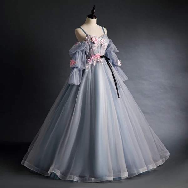 Flower Fairy Grey Prom Dresses 2020 Spaghetti Straps Puffy 3/4 Sleeve Appliques Lace Flower Beading Floor-Length / Long Ruffle Backless Formal Dresses