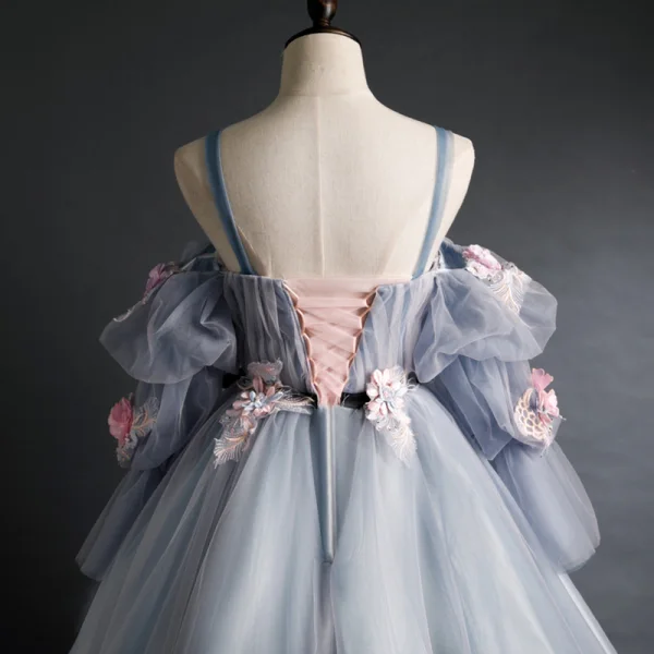 Flower Fairy Grey Prom Dresses 2020 Spaghetti Straps Puffy 3/4 Sleeve Appliques Lace Flower Beading Floor-Length / Long Ruffle Backless Formal Dresses