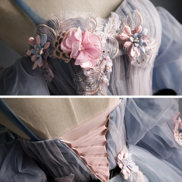 Flower Fairy Grey Prom Dresses 2020 Spaghetti Straps Puffy 3/4 Sleeve Appliques Lace Flower Beading Floor-Length / Long Ruffle Backless Formal Dresses