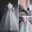 Flower Fairy Grey Prom Dresses 2020 Spaghetti Straps Puffy 3/4 Sleeve Appliques Lace Flower Beading Floor-Length / Long Ruffle Backless Formal Dresses