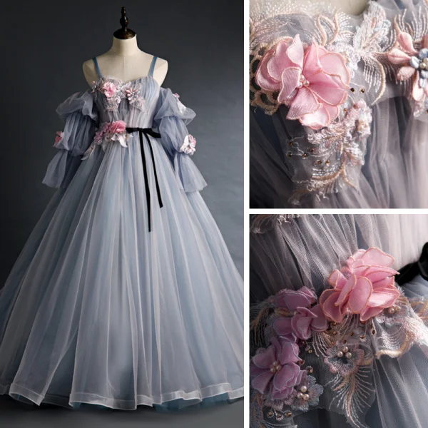 Flower Fairy Grey Prom Dresses 2020 Spaghetti Straps Puffy 3/4 Sleeve Appliques Lace Flower Beading Floor-Length / Long Ruffle Backless Formal Dresses