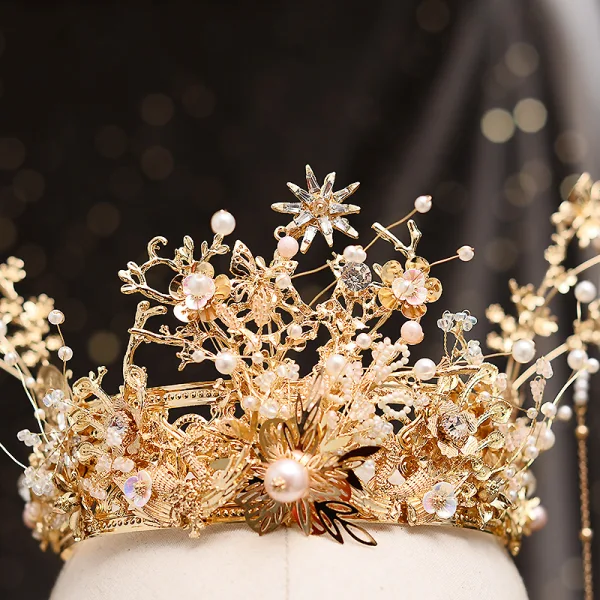 Oszałamiający Złote Biżuteria Ślubna 2020 Metal Frezowanie Perła Kutas Kolczyki Tiara Ozdoby Do Włosów Ślubne