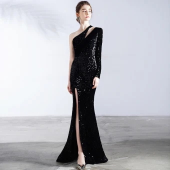 Sparkly Black Evening Dresses 2020 Trumpet Mermaid One Shoulder Long Sleeve Split Front Sweep Train Backless Formal Dresses