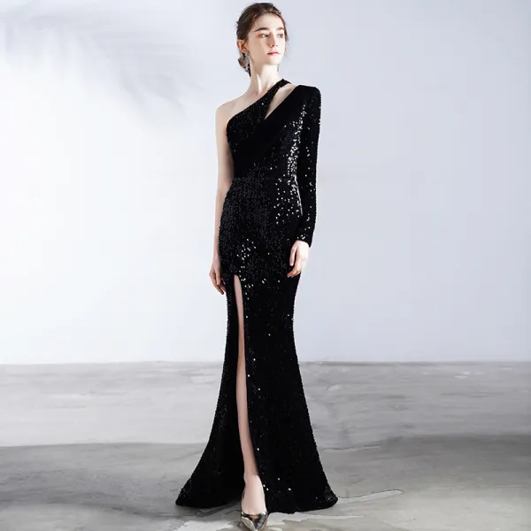 Sparkly Black Evening Dresses  2020 Trumpet / Mermaid One-Shoulder Long Sleeve Split Front Sweep Train Backless Formal Dresses