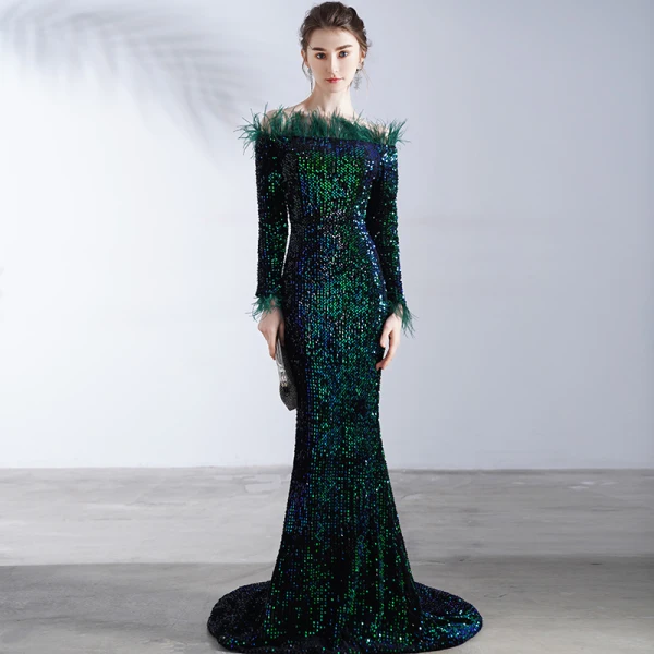 Glitzernden Schwarz Pailletten Abendkleider 2020 Meerjungfrau Off Shoulder Lange Ärmel Feder Sweep / Pinsel Zug Rückenfreies Festliche Kleider
