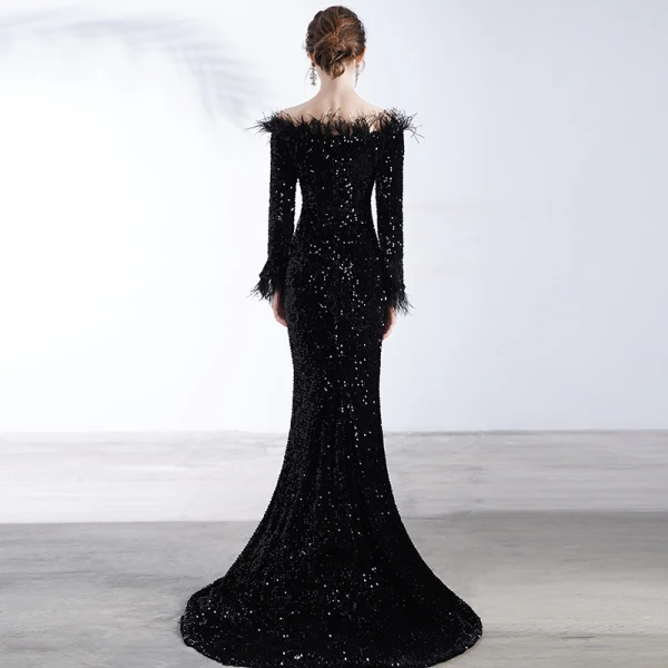 Glitzernden Schwarz Pailletten Abendkleider 2020 Meerjungfrau Off Shoulder Lange Ärmel Feder Sweep / Pinsel Zug Rückenfreies Festliche Kleider