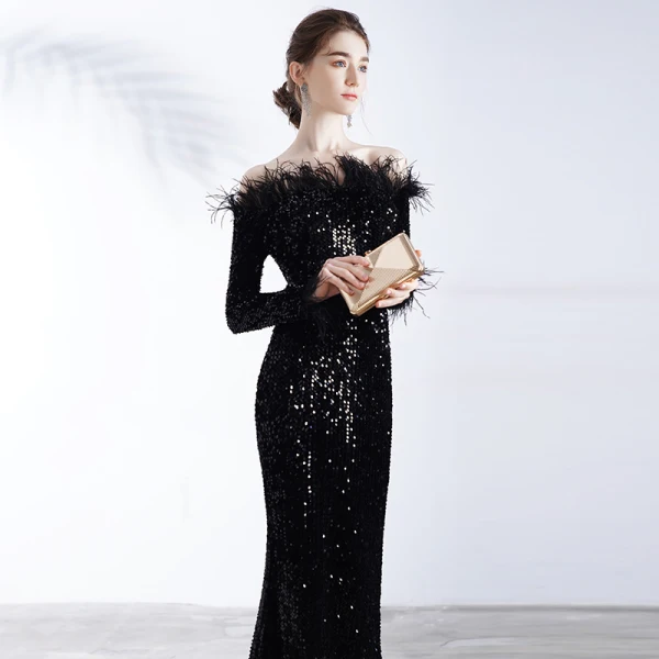 Glitzernden Schwarz Pailletten Abendkleider 2020 Meerjungfrau Off Shoulder Lange Ärmel Feder Sweep / Pinsel Zug Rückenfreies Festliche Kleider