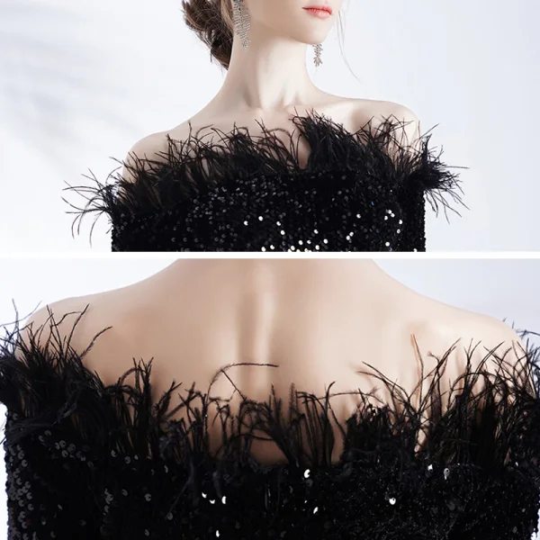 Glitzernden Schwarz Pailletten Abendkleider 2020 Meerjungfrau Off Shoulder Lange Ärmel Feder Sweep / Pinsel Zug Rückenfreies Festliche Kleider