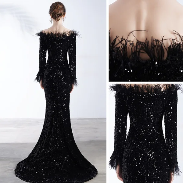 Glitzernden Schwarz Pailletten Abendkleider 2020 Meerjungfrau Off Shoulder Lange Ärmel Feder Sweep / Pinsel Zug Rückenfreies Festliche Kleider