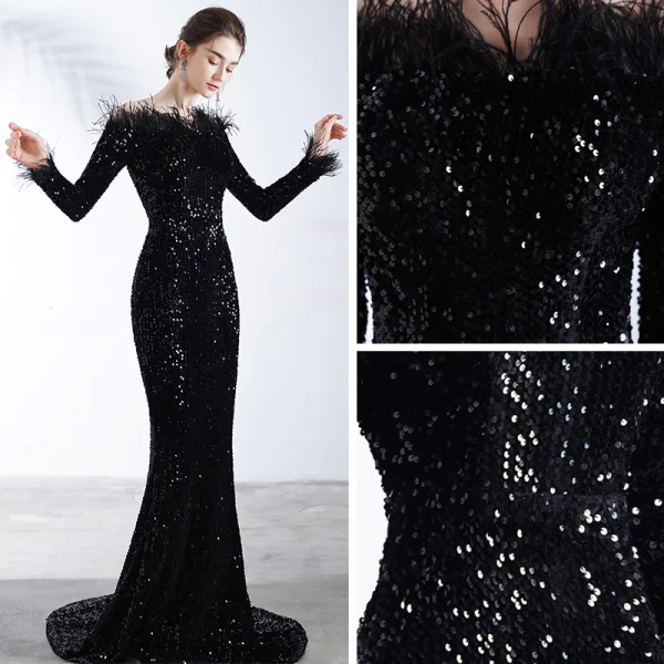 Glitzernden Schwarz Pailletten Abendkleider 2020 Meerjungfrau Off Shoulder Lange Ärmel Feder Sweep / Pinsel Zug Rückenfreies Festliche Kleider