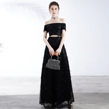 Chic Belle Noire Robe De Soirée 2020 Princesse De L 039 Épaule Manches Courtes Paillettes Métal Ceinture Longue Volants Dos Nu Robe De Ceremonie