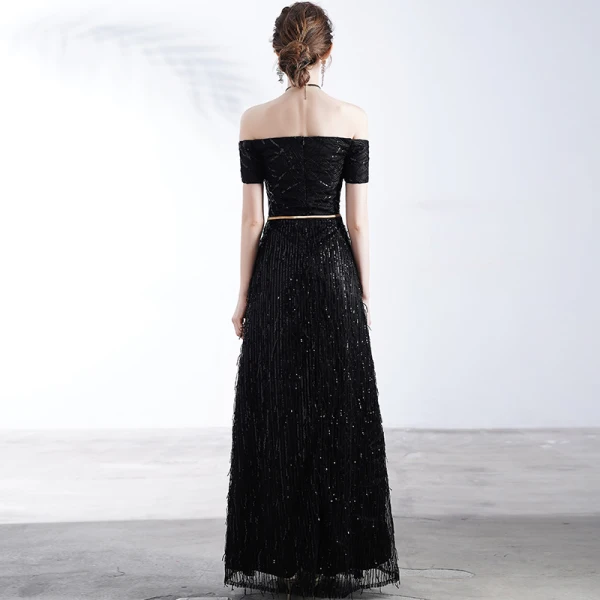 Schöne Schwarz Abendkleider 2020 A Linie Off Shoulder Kurze Ärmel Pailletten Metall Stoffgürtel Lange Rüschen Rückenfreies Festliche Kleider