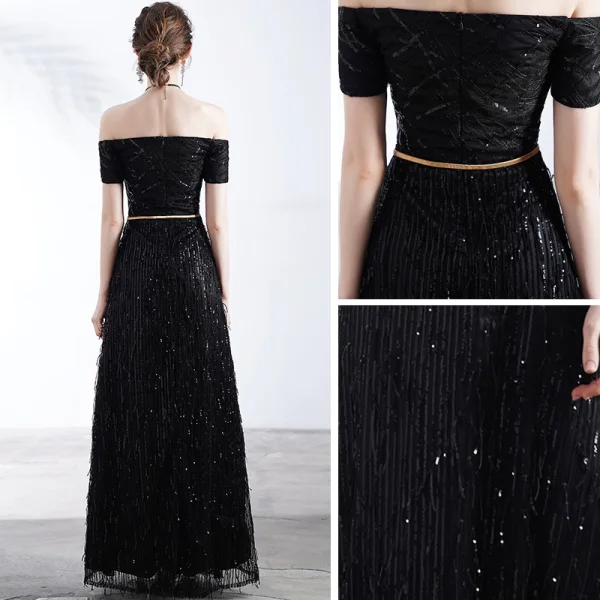 Schöne Schwarz Abendkleider 2020 A Linie Off Shoulder Kurze Ärmel Pailletten Metall Stoffgürtel Lange Rüschen Rückenfreies Festliche Kleider
