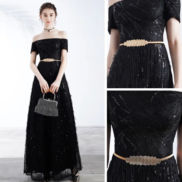 Schöne Schwarz Abendkleider 2020 A Linie Off Shoulder Kurze Ärmel Pailletten Metall Stoffgürtel Lange Rüschen Rückenfreies Festliche Kleider